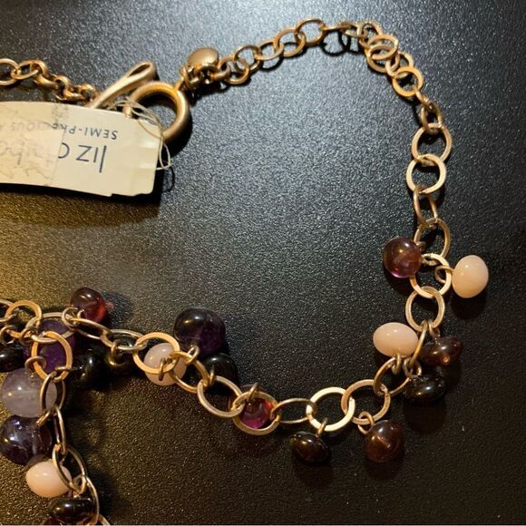Liz Claiborne Necklace Semi Precious Stones Brushed Gold Tone 20” - Picture 7 of 8